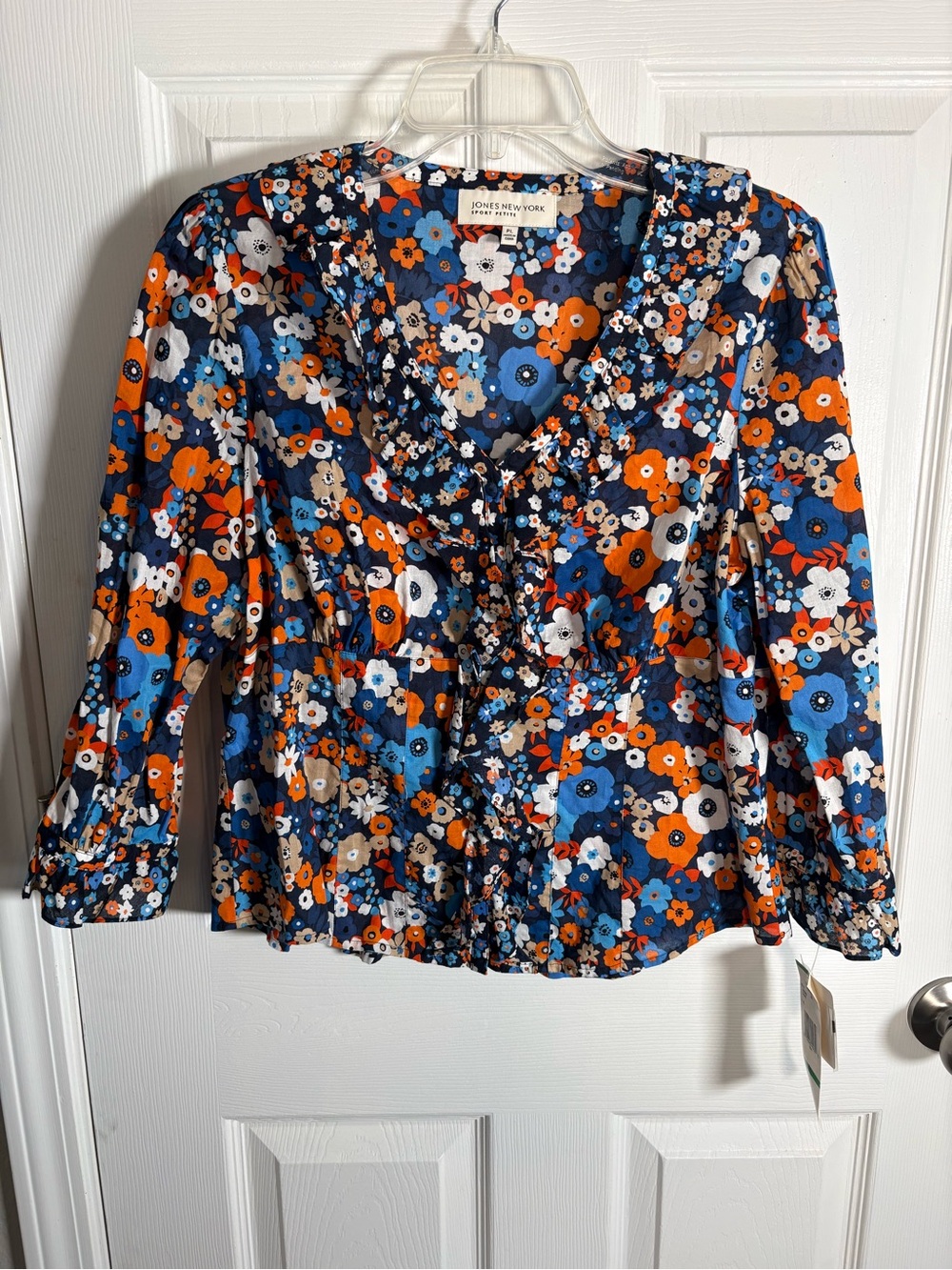 Jones New York Navy Floral Ruffle-Front Blouse Size PL NEW WITH TAGS